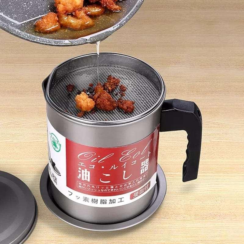 Stainless Steel Oil Filter Pot 1.4L | Cooking Oil Strainer Container with Fine Mesh Filter - Kitchen & Dining